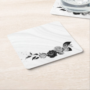 Porta-copo De Papel Quadrado cinza prata elegante e floral preto