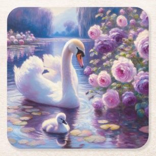 Porta-copo De Papel Quadrado Cisne branco e Cygnet com Rosas roxos
