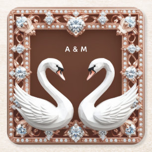 Porta-copo De Papel Quadrado Cisnes de Casamento Brancos Coração de Diamante Or