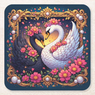 Porta-copo De Papel Quadrado Cisnes de Casamento Enquadrados com Ouro e Flores