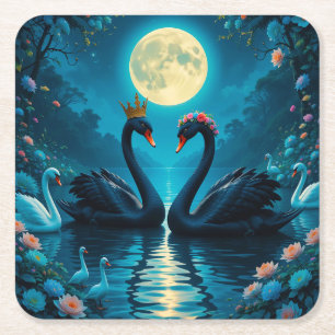 Porta-copo De Papel Quadrado Cisnes Negros Elegantes Sob Lua Cheia