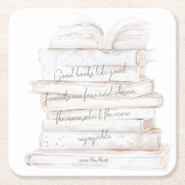 Porta-copo De Papel Quadrado Citação de Amizade e Livros em Aquarela Branca e D