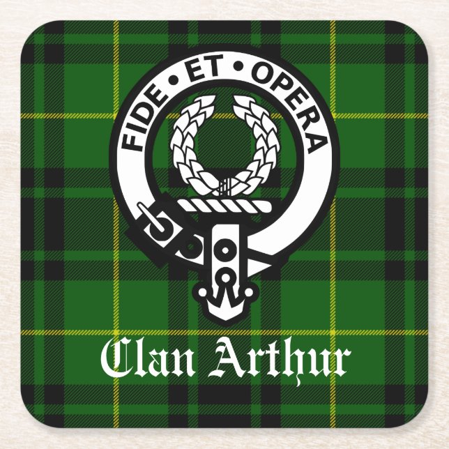 Porta-copo De Papel Quadrado Clan Arthur Crest Crachá & Tartan (Frente)