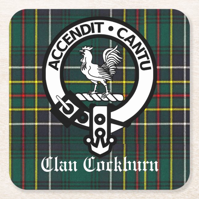 Porta-copo De Papel Quadrado Clan Cockburn Crest Crachá e Tartan (Frente)