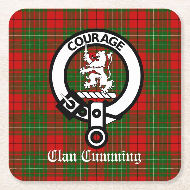 Porta-copo De Papel Quadrado Clan Cumming Crest Crachá e Tartan (Frente)