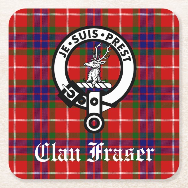 Porta-copo De Papel Quadrado Clan Fraser Crest Crachá e Tartan (Frente)