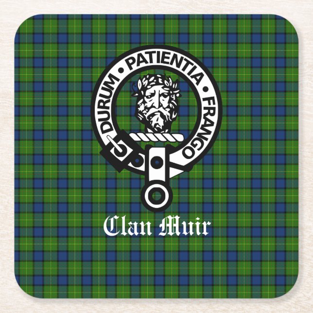 Porta-copo De Papel Quadrado Clan Muir Crest Crachá e Tartan (Frente)