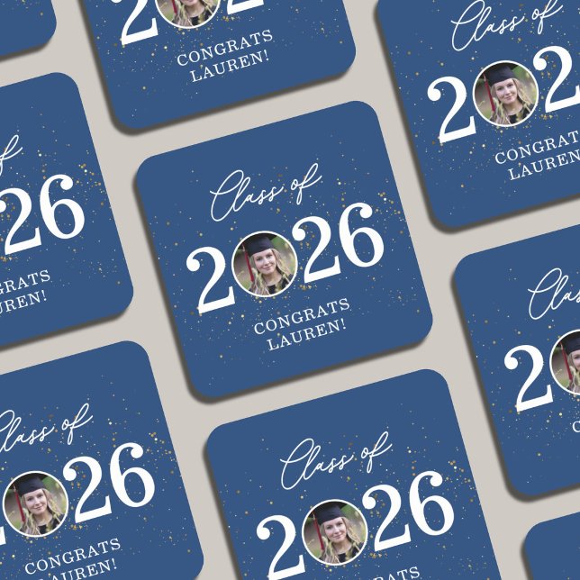 Porta-copo De Papel Quadrado Class of 2026 Gold Glitter Graduation (Criador carregado)