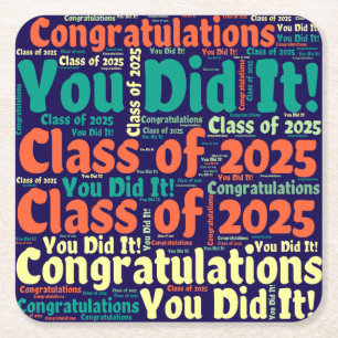 Porta-copo De Papel Quadrado Classe de 2025 Word Art Blue Orange
