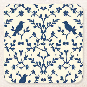 Porta-copo De Papel Quadrado Classic Azul Marinho Silhueta de Pássaro Damask To