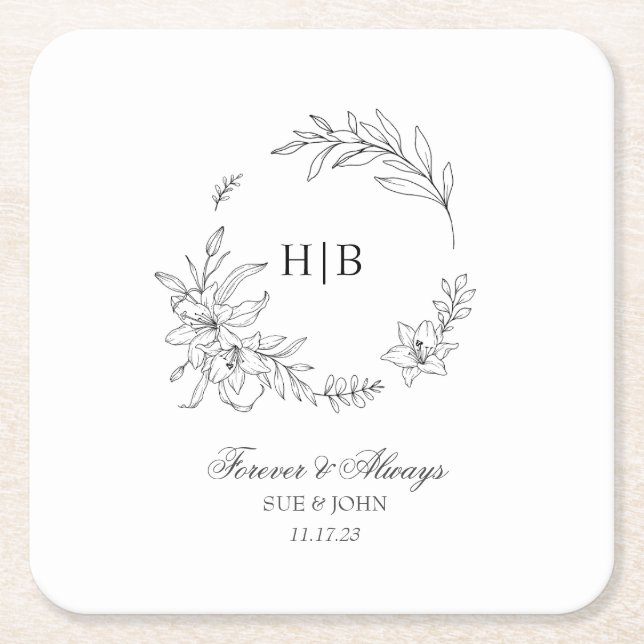 Porta-copo De Papel Quadrado Classic Floral Wreath Monogram Wedding (Frente)