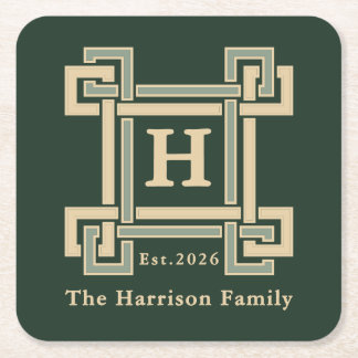 Porta-copo De Papel Quadrado Classic Forest Green Greek Key Monogrammed