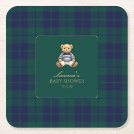 Porta-copo De Papel Quadrado Classic Green Navy Plaid Bear Baby Shower 