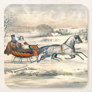 Porta-copo De Papel Quadrado Clássico Passeio de Trenó Currier Ives Estrada Inv