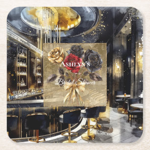 Porta-copo De Papel Quadrado Clube Noturno Dourado Preto Vermelho Floral Chá de