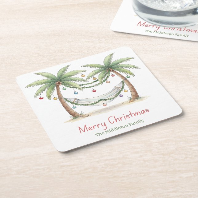 Porta-copo De Papel Quadrado Coastal Christmas Palm Trees With Hammock (Inclinado)