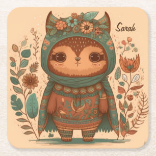 Porta-copo De Papel Quadrado Coaster de bebidas personalizadas de coruja floral