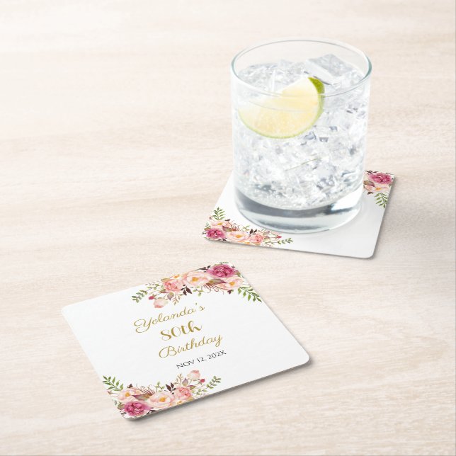 Porta-copo De Papel Quadrado Coasters Adult 80th Birthday Floral Birthday Party (Insitu)