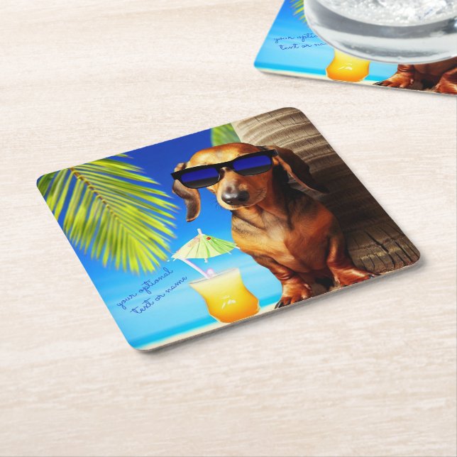 Porta-copo De Papel Quadrado Coasters Tropical de Dachshund Party Bebendo (Inclinado)