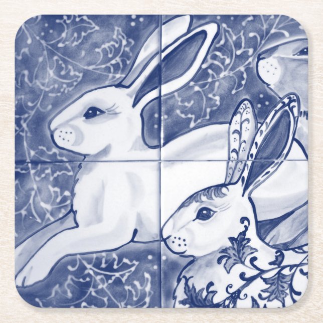 Porta-copo De Papel Quadrado Cobalto Blue Rabbit Chinoiserie Dedham Delft Marin (Frente)