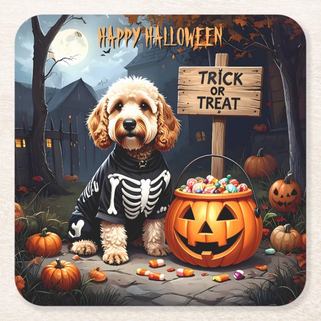 Porta-copo De Papel Quadrado Cockapoo Halloween (Frente)