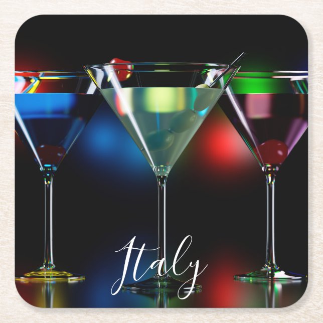 Porta-copo De Papel Quadrado Cocktails diferentes em óculos de martini com luze (Frente)