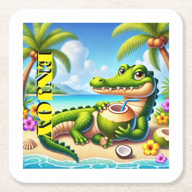 PORTA-COPO DE PAPEL QUADRADO COCODRILLO COM ÁGUA COCO (Frente)