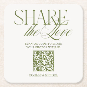 Porta-copo De Papel Quadrado Código QR Compartilhe o Amor Verde Oliva Casamento
