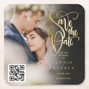 Porta-copo De Papel Quadrado Código QR de Roteiro de Ouro Foto Salvar Data 