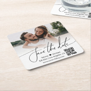 Porta-copo De Papel Quadrado código qr simples foto do casal save the date 