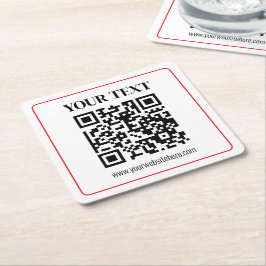 Porta-copo De Papel Quadrado Código QR simples preto e branco com borda vermelh