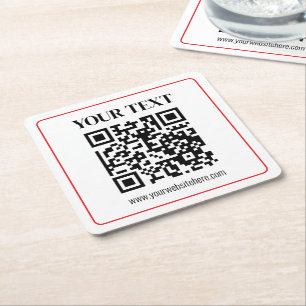 Porta-copo De Papel Quadrado Código QR simples preto e branco com borda vermelh
