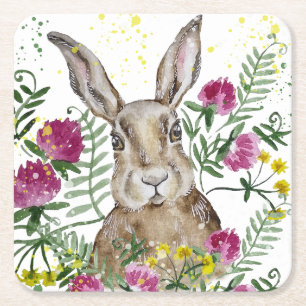 Porta-copo De Papel Quadrado Coelhinho bonito em flores aquáticas