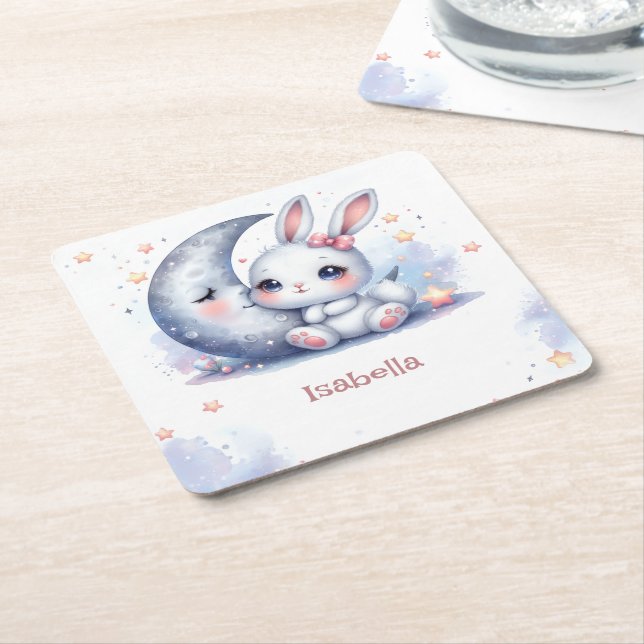 Porta-copo De Papel Quadrado coelhinho branco fofo e a lua (Inclinado)