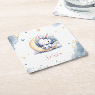 Porta-copo De Papel Quadrado coelhinho branco fofo sentado na lua