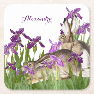 Porta-copo De Papel Quadrado Coelho Bunny Rabit Purple Iris Floral Personalizad