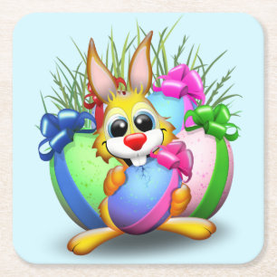 Porta-copo De Papel Quadrado Coelho engraçado mordendo um ovo de Páscoa