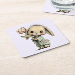 Porta-copo De Papel Quadrado Coelho Fofo Segurando um Tulipa