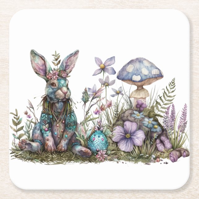 Porta-copo De Papel Quadrado Coelho Místico com Cogumelos (Frente)