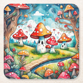 Porta-copo De Papel Quadrado Cogumelos brancos folhas design