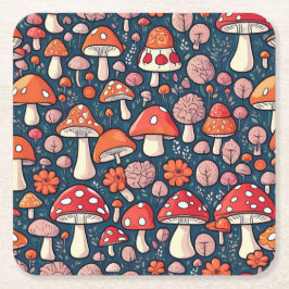 Porta-copo De Papel Quadrado Cogumelos florais vermelhos, de cor verde