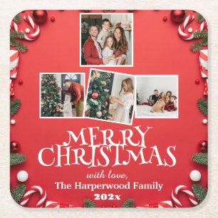 Porta-copo De Papel Quadrado Colagem de Fotos da Família Feliz Natal Red Elegan