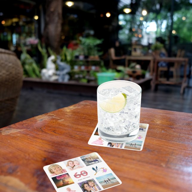 Porta-copo De Papel Quadrado Colagem de fotos da festa de aniversário 60ª (Criador carregado)