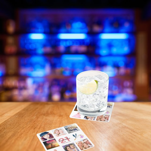 Porta-copo De Papel Quadrado Colagem de fotos de aniversário de 21 anos (Criador carregado)