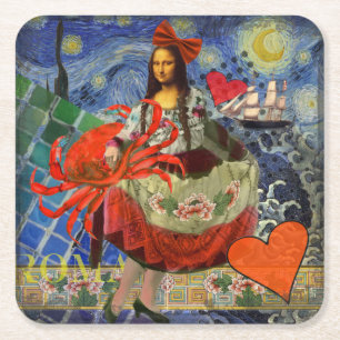 Porta-copo De Papel Quadrado Colagem Noite Estrelada da Mona Lisa: Surrealismo
