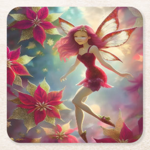 Porta-copo De Papel Quadrado Coleção de Fadas de Natal - Cabelo Vermelho Rosa