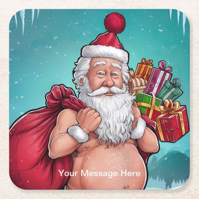 Porta-copo De Papel Quadrado Coleção de Natal Engraçado Papais noeis Sujos (Frente)