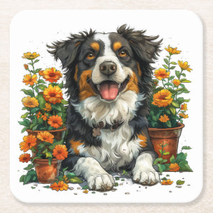 Porta-copo De Papel Quadrado Collie De Borda Corta Em Flores
