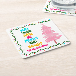 Porta-copo De Papel Quadrado Colorful Merry Bright Pink Christmas Tree Party