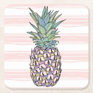 Porta-copo De Papel Quadrado Colorful vintage pineapple illustration.